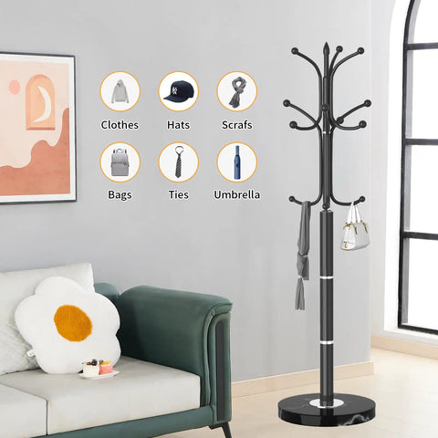 Metal Coat Rack Freestanding With Natural Marble Base, Dope Modern Black Coat Tree Stand With 12 Hooks for Entryway