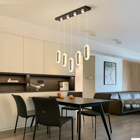60W Dimmable LED Pendant Chandelier With Remote Control over modern dining table, 5-light black fixture, adjustable height, 3000K-6500K white