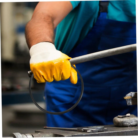 Person in yellow gloves holds a rubber drive belt, part of Heavy Duty No Sweat Rubber Drive Belt Pair For Industrial Sealing Machines Quick Swap Guide Replacement Fits Most Models Smooth Operation And Built To Last.
