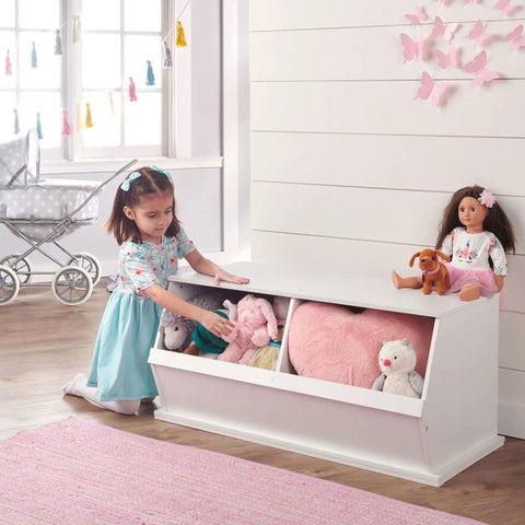 Girl playing with Two Bin Stackable Toy Storage Cubby Organizer For Kids Playroom A Solid Wood Panel Modular System That Grows With Your Needs And Keeps Toys Books And Craft Supplies Neatly In White And Totally Kid Friendly