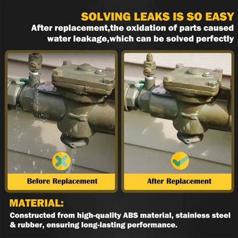 No Brainer All In One 1 Inch RPZ Backflow Repair Kit For 009M2 And LF009 Valves Includes Relief Valve First And Second Check Valves Fits 009M3 009M4 009M5 And 021M2 Easy Install Pro Grade Replacement Part shown before and after installation on plumbing system, highlighting leak repair.