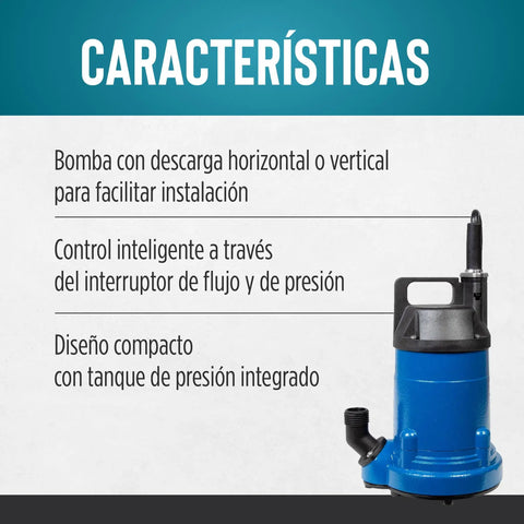 Graphic showing features of a blue pump; includes descriptions next to the pump image against a blue background.