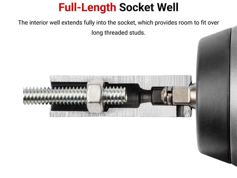 Cross-section view showing 1/2 Inch Drive Deep 6 Point Impact Socket Set with Case, fits over threaded stud for engine work.