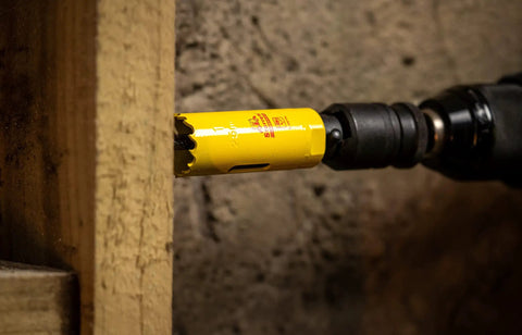 Deep Cut Hole Saw 44mm Beefy Heavy Duty Bi Metal With Extra Cobalt HSS Teeth drilling into wood