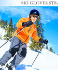 Skier uses 6 Pack Ski Glove Leashes Wrist Lanyards Adjustable Anti Lost Straps in orange jacket on snowy slope