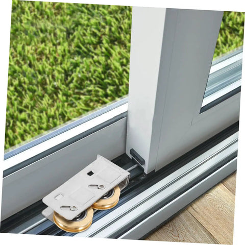 Rock Solid Heavy Duty Double Wheel Sliding Door Pulley Two Pack Stainless Steel Roller Kit installed in patio door track.