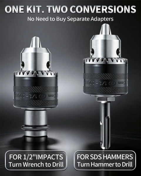 Half Inch Keyed Drill Chuck Adapter Kit for Impact Wrench and SDS Plus with 1/2 inch adapters for versatile tool conversion