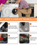 Washer hot-water inlet valve being installed in a front-loading washing machine; four-step installation banner visible