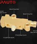 Drop Dead Cool Brass Brake Proportioning Valve Disc Front And Disc Rear Brakes Universal Fit Heavy Duty Racing Design Smooth Stoppin OEM style view with line connections and mount holes.