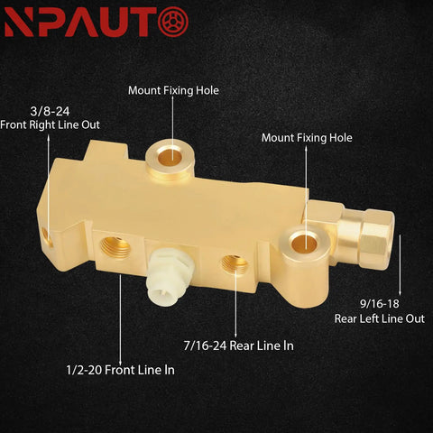 Drop Dead Cool Brass Brake Proportioning Valve Disc Front And Disc Rear Brakes Universal Fit Heavy Duty Racing Design Smooth Stoppin OEM style view with line connections and mount holes.