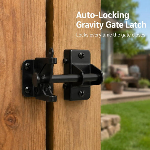 Heavy Duty Self Locking Gate Latch With Gravity Lock For Wooden Fences, black carbon steel post-mount latch on wood gate