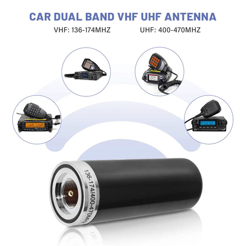 Dual Band Vehicle Ham Radio Antenna 136-174 MHz UHF 400-470 MHz with Lip Mount Bracket shown with radio connections