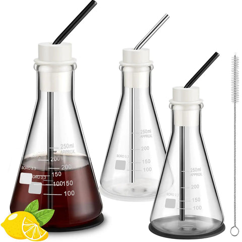 Three 8.5 oz glass Erlenmeyer flasks with straws, including Two Pack Eight Point Five Ounce Glass Erlenmeyer Flasks Drinking Glasses.
