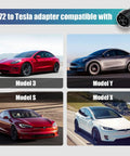 Rugged SAE J1772 To Tesla Charging Adapter 60 Amp 250V AC Electric Vehicle Plug And Play Backup Connector For Model 3 Y S X displayed with cars.