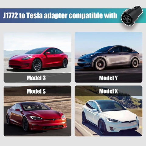 Rugged SAE J1772 To Tesla Charging Adapter 60 Amp 250V AC Electric Vehicle Plug And Play Backup Connector For Model 3 Y S X displayed with cars.