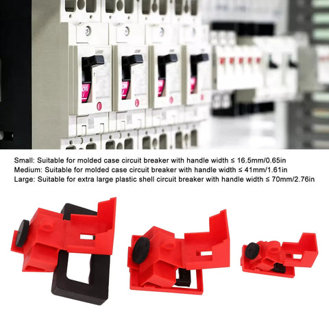 Lockout Tagout Kit With Twelve Piece Single Pole Breaker Lockout Devices Nylon Clamp On Lockout Locks For Loto Stations No Nonsense Easy Twist Installation Durable Nylon Construction For Safe Electrical Panel Lockouts displayed with circuit breakers.
