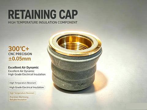 Retaining cap with high temperature insulation, CNC precision, excellent air dynamics, and electrical insulation features.
