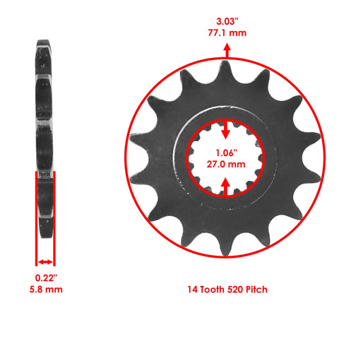 14 tooth front sprocket for Blue O Ring Drive Chain And Sprockets Kit For Yamaha Raptor 700R YFM700R 2006 2014 shown with measurements