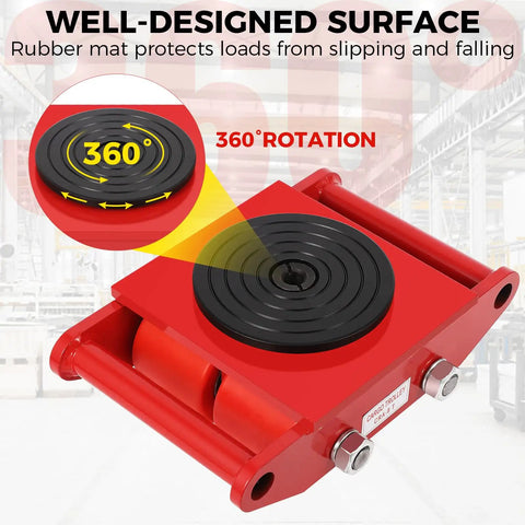6 Ton Heavy Duty Moving Dolly With 360 Degree Rotating Anti Skid Pad For Industrial Equipment Carbon Steel Machine Skate With PU Wheels For Workshop Warehouse Transport red dolly with 360° pad
