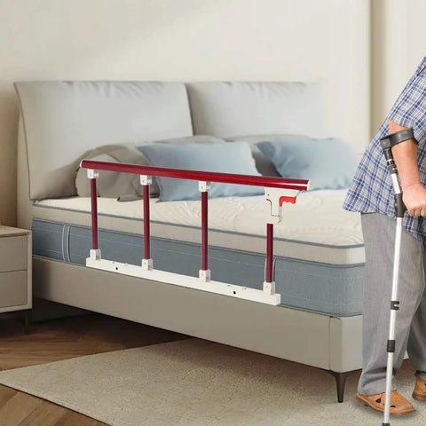 Mahogany Folding Bedside Rail For Elderly Adults, Heavy Duty Aluminum Alloy Guard With Assist Handle, 15.75 Inch High Bed Rail