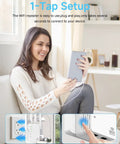 Woman setting up 1200Mbps Dual Band WiFi Extender Boost for Fast Streaming and Gaming, 360 Degree Coverage Up to 12880 Sq Ft