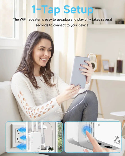 Woman setting up 1200Mbps Dual Band WiFi Extender Boost for Fast Streaming and Gaming, 360 Degree Coverage Up to 12880 Sq Ft