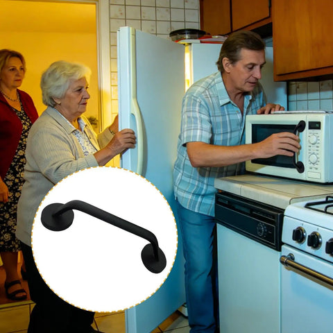 Sleek Aluminum Fridge Door Handle With Self Adhesive Mount No Drill Needed For Easy Kitchen Appliance Upgrade And Rental Friendly Installation displayed in kitchen setting.