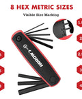 Folding 17 Piece Allen Wrench Set with SAE and Metric Hex Keys showing 8 hex metric sizes on a multitool