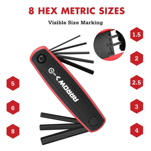 Folding 17 Piece Allen Wrench Set with SAE and Metric Hex Keys showing 8 hex metric sizes on a multitool