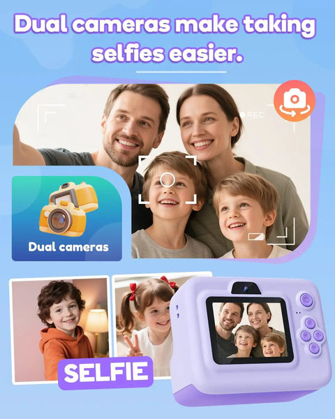 Instant Print Camera For Kids With 2.4 Inch Screen And Quick Photo Printing, Fun Portable Gift For Christmas Or Birthday, Ideal For Ages 3 To 12, Purple Color, Includes 32GB Memory Card, Lanyard, And Three Printing Paper Rolls Included, purple kids camera with dual lenses and selfie screen