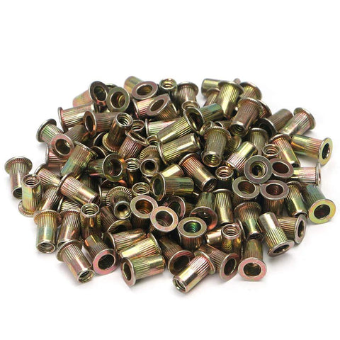 Pile of 100 zinc-coated carbon-steel rivet nuts (nutserts) with 1/4-20 threads.