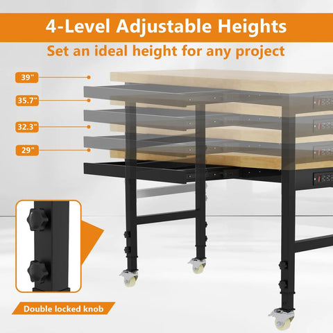 Knockout 48 Inch Rolling Work Bench With Secure Drawers, No Sweat Height Adjustments Handling Two Thousand Pounds, Built In Power Strip Straight Up Ready For Garage Tinkering Or Home Shop Builds