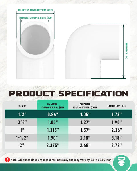 Dimensions of Half Inch 20 Pcs Heavy Duty 90 Degree PVC Elbow Fittings Socket To Socket For Do It Yourself Projects Built Tough Schedule 40 Pipe Couplers And Adapters