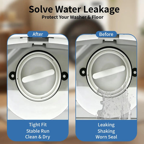 Before and after washer drain pump seal comparison showing leak fix with Two Pack Washer Drain Pump Gasket And Seal Ring Set For Washer Replacement Plug Seal For WH11X34741 WH11X29539 WH23X38617 WH23X10027 WH23X10029 Fits GFW450 GFQ14 Series Washer Models Leak Proof High Sealing Performance And Easy Install