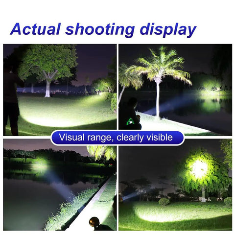 Coon Hunting Lights Ultra Bright LED Headlamp illuminating trees and pond at night, showcasing long throw and dual brightness modes.