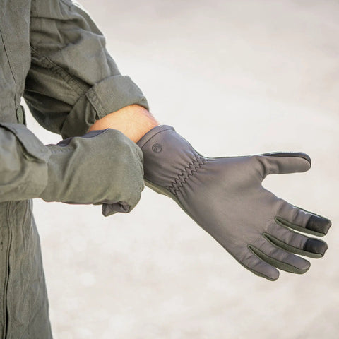 Nomex Flight Gloves 2.0 Sage Medium With Upgraded Fit And Supple Dexterity Longer Gauntlet And Leather Reinforcement worn on hand
