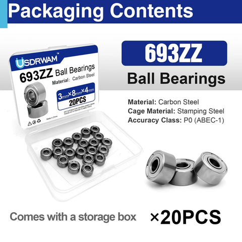 693ZZ ball bearings, 3×8×4 mm, carbon steel with stamped cage, 20 pcs in plastic storage box