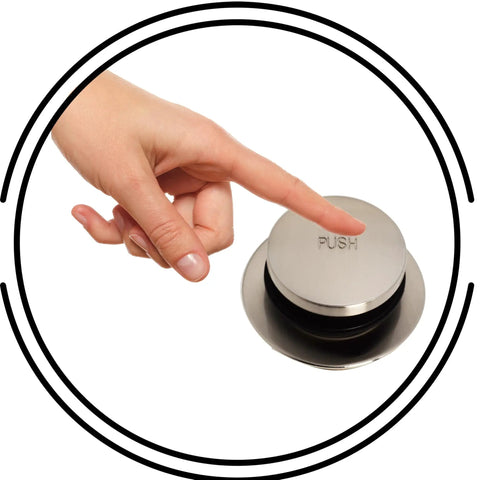 Hand pressing tip-toe push-to-close drain plug of One And A Half Inch Bath Waste And Overflow Kit, Satin Nickel Finish.