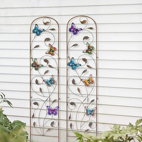 Two Pack Metal Garden Trellis With Colorful Butterfly Accents 60 Inch High Arched Outdoor Fence Trellis For Climbing Plants