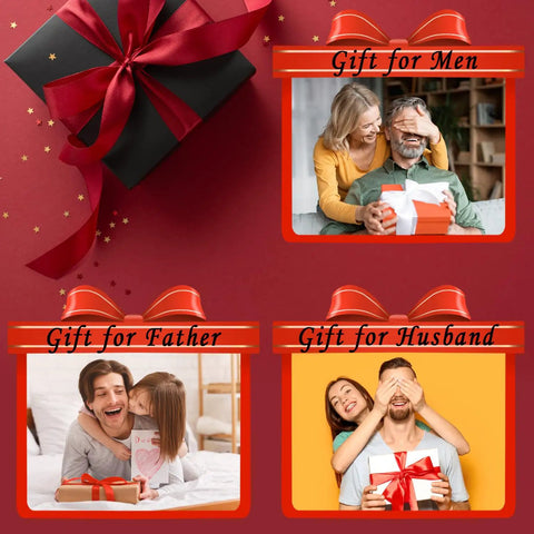 Collage with gifts for men, fathers, husbands, with red bows, for Contour Gauge Set 10 Inch and 6 Inch With Engraved Not Fade Scale Locking Profile Tool Duplicator For Measuring And Copying Shapes Durable ABS Plastic Dope Gift For Men Dad Husband.