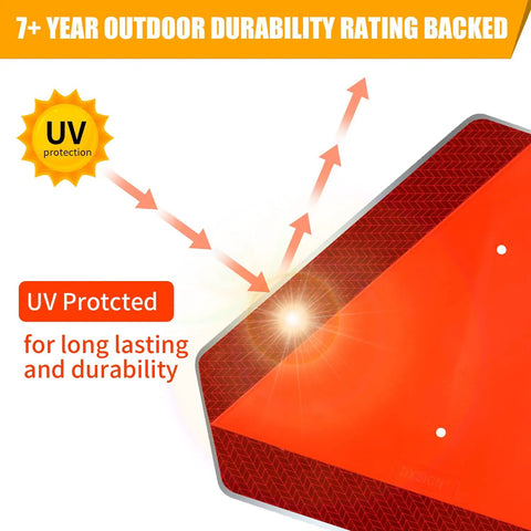 Premium Quality Heavy Duty Aluminum Slow Moving Vehicle Triangle Safety Sign showing UV protection feature for durability.