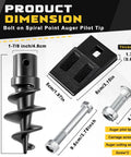 Product dimensions of Bolt On Spiral Point Auger Pilot Tip And Two 3 Point Cutting Edges With Hardware For Heavy Duty Post Hole Diggers 6 To 24 Inch Replacement Teeth Set Bundle, showing auger tip, edges, screws, and thickness.