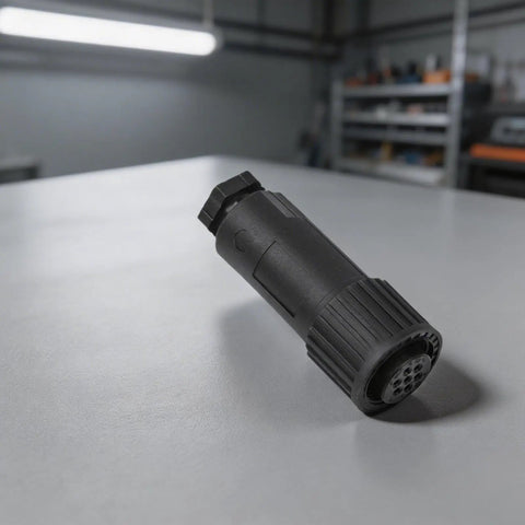All Plastic 7 Pin Proportional Valve Connectors Featuring Rock Solid Female Plugs For Hydraulic Solenoid Connections And Industrial Machinery Built Super Tough, detailed view of black plastic connector.