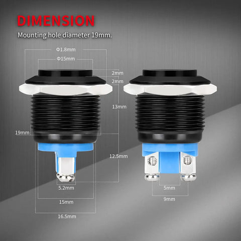 Dimensions shown for 12V 19mm Momentary Horn Push Button Switch Waterproof Round Power Button For RV Truck Boat Marine Rugged Heavy Duty Panel.