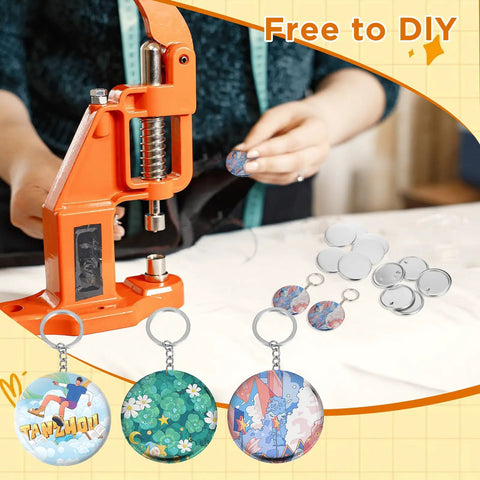 Epic 58mm Button Maker Kit for Keychains with 100 sets, orange machine with parts and completed keychains displayed