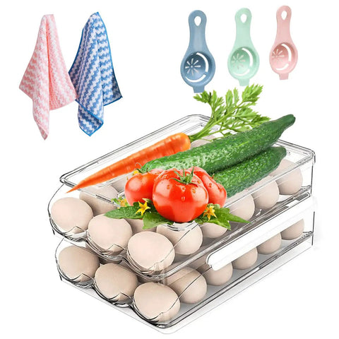 Auto Rolling Egg Storage Bin For Refrigerator, 36 Egg Capacity, with vegetables on top, clear plastic two-layer stackable organizer