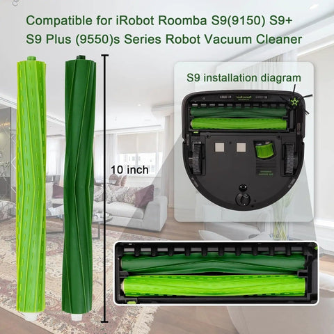 Roomba S9 S9 Plus Replacement Parts Kit with 10-inch green rubber roller brushes and installation diagram