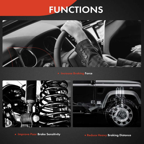 Front-view collage of A-Premium front brake hydraulic hoses (pack of 2); steering wheel, coil spring, and brake rotor
