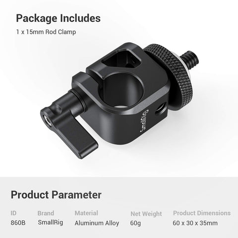 Universal Fifteen Millimeter Single Rod Clamp Rail Connector With Quarter Inch Thread to securely mount cameras, side view showing aluminum alloy construction.