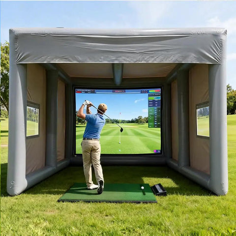 Inflatable Golf Practice Cage 5m L By 4m W By 3.3m H With HD Projection Screen in outdoor setting, golfer practicing swing